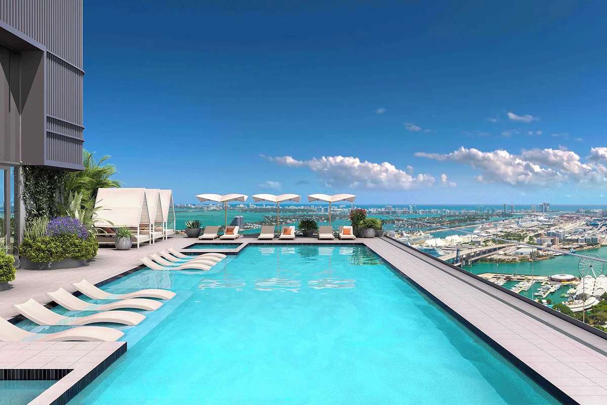 501 First Residences rooftop pool overlooking Miami and Biscayne Bay
