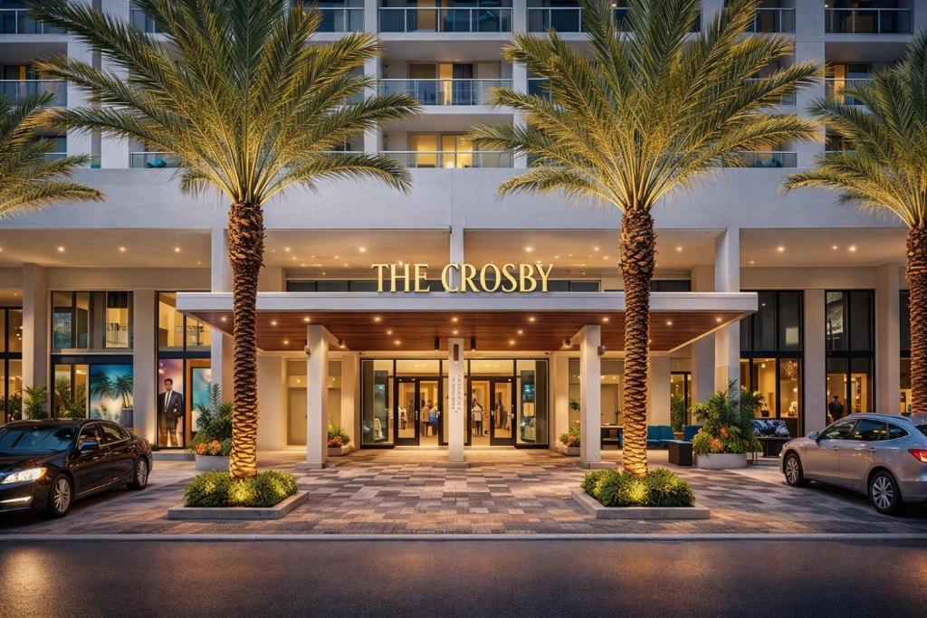 The Crosby entrance framed by illuminated palm trees